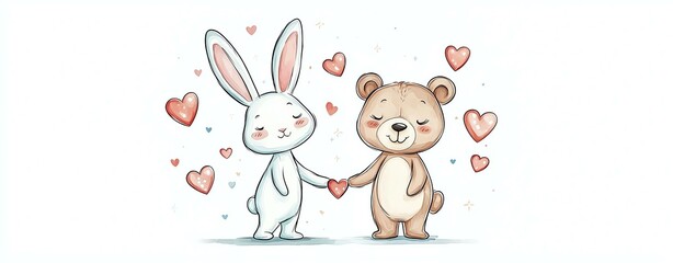 Japanese Kawaii, Pastel Colors, Playful, Cute Bunny and Bear Characters Holding Hands with Hearts Around