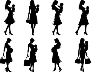collection of vector sketches of illustrations of young mothers carrying children