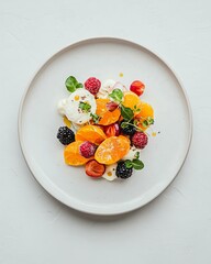 Mindful Eating Balance Self-care, Colorful Fruit Salad with Creamy Topping and Fresh Herbs on Plate