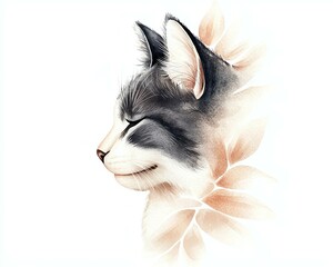 Watercolor Kitty Cat, Playful Feline, Art Print, Graceful Cat Profile with Soft Floral Elements in Watercolor Style