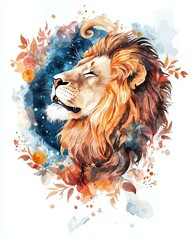 Watercolor Lion Roar Wildlife Art Abstract, Majestic Lion Portrait with Watercolor Floral Elements and Stars