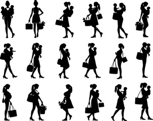 Collection of vector sketches of illustrations of young mothers carrying their children while going to work