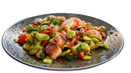 A hearty plate of golden pan-seared gnocchi with fresh broad beans, zucchini, red peppers, and herbs, presented on a rustic ceramic dish.