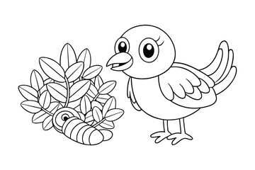 Fototapeta premium A bird with a worm in beak near a bush for kids coloring book vector illustration.