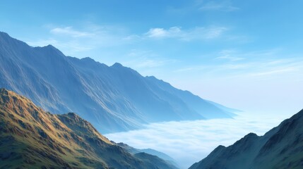Obraz premium Serene Mountain Landscape with Fog Rolling Through Valleys and Clear Blue Sky Above Majestic Peaks