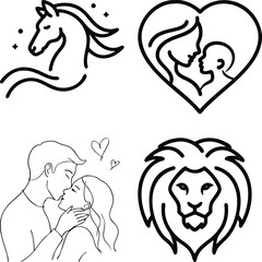 Vector illustration of collection of line art illustrations of horse, mother and baby, couple , and lion isolated on white background