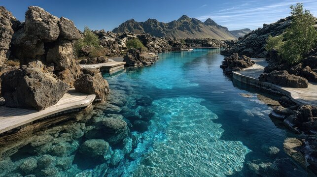 Serene hot spring pools amidst volcanic landscape