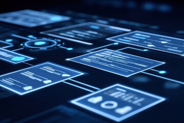 Futuristic Digital Interface with Information Flow and Data Connections in Technological Background