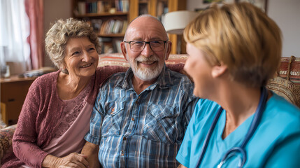 An elderly couple receiving healthcare at home via a visiting nurse program.