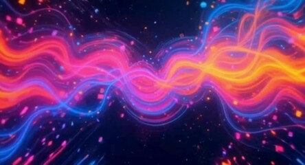 Abstract colorful glowing lines with confetti on a dark blue background - Powered by Adobe