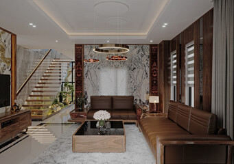 3d render luxury apartment living and dining room