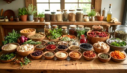 Fototapeta premium Abundant Harvest: A Rustic Table of Organic Spices and Ingredients