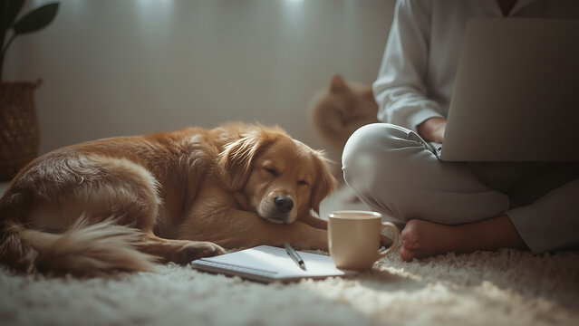 A happy woman and her adorable golden retriever pet, a cute canine friend, look at a laptop - Powered by Adobe