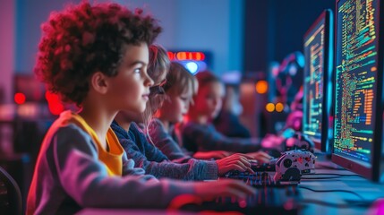 Obraz premium Kids coding! Focused young programmers collaborate on a vibrant, co