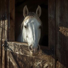 A high-detail, realistic image of a white horse peeking its head over a rustic wooden stable door. Natural outdoor light, soft shadows, and textured wooden panels with weathered details. 