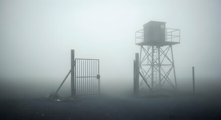 Eerie Watchtower And Gate Shrouded In Dense Mysterious Fog Landscape
