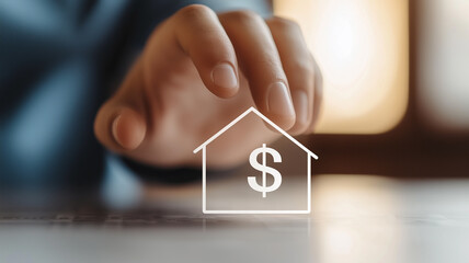 A real estate financial planning concept visualized by a hand hovering above a house outline containing a dollar sign, illustrating property investment and value management.
