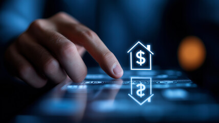 A real estate financial planning concept visualized by a hand hovering above a house outline containing a dollar sign, illustrating property investment and value management.
