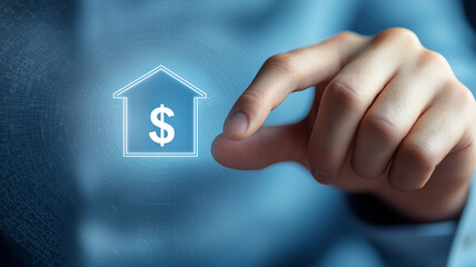 A real estate financial planning concept visualized by a hand hovering above a house outline containing a dollar sign, illustrating property investment and value management.
