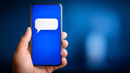 A modern mobile messaging interface concept featuring a hand holding a smartphone displaying a blank chat bubble on a vivid blue screen, symbolizing instant digital communication and social connectivi