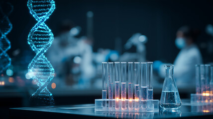 A cutting edge biotechnology laboratory scene showcasing a glowing holographic DNA helix beside sparkling test tubes, illustrating genomic research and scientific innovation in a high tech environment