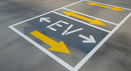 Designated Electric Vehicle Parking Bay With Yellow Directional Arrows On Gray Asphalt