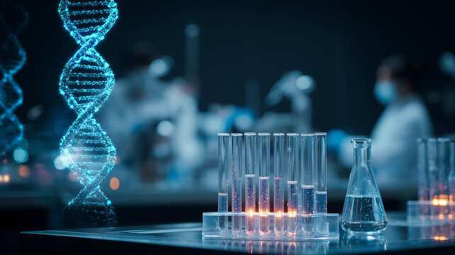 A cutting edge biotechnology laboratory scene showcasing a glowing holographic DNA helix beside sparkling test tubes, illustrating genomic research and scientific innovation in a high tech environment - Powered by Adobe