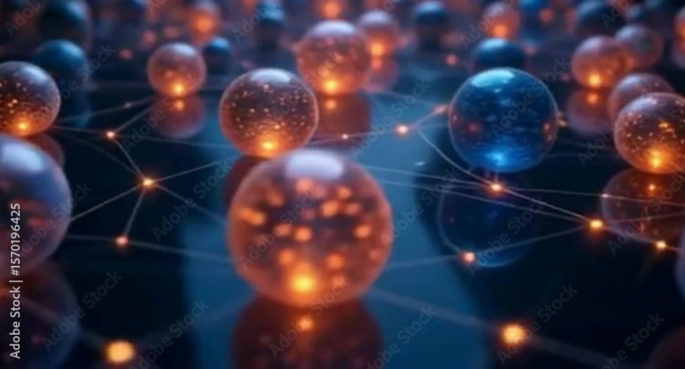 Poster abstract network of glowing spheres connected by lines on a dark background