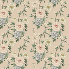 Beautiful abstract watercolor botanical rose flower bouquet pattern with cream background summer pattern Background of roses. Seamless pattern. Vector illustration Delicate floral seamless pattern wit