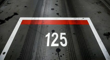 Designated Parking Spot Number Painted On Concrete Floor With Tire Tracks