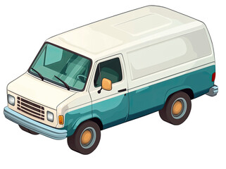 Isometric view of a vintage van, cream/teal colored