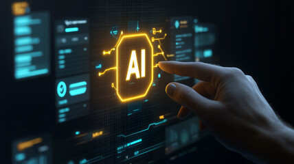 A strategic artificial intelligence activation concept shown by a fingertip engaging a luminous AI symbol on a complex data dashboard, indicating intelligent system control.
