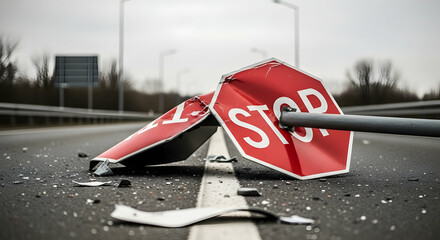 Destroyed Stop Sign Lies On Road After The Traffic Accident Incident