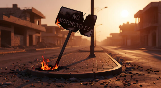 Desolate Urban Landscape Burning No Motorcycles Sign Post Apocalypse Setting