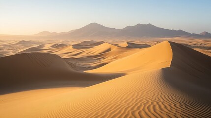 Golden desert dunes meet distant mountains at sunrise