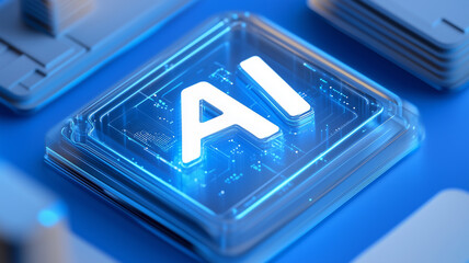 A next generation AI microchip concept shown as a translucent processor with glowing circuitry and bold white typography.

