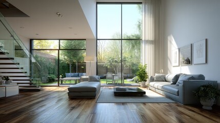 Fototapeta premium Sunny interior room with large windows, modern furniture, & a garden view outside