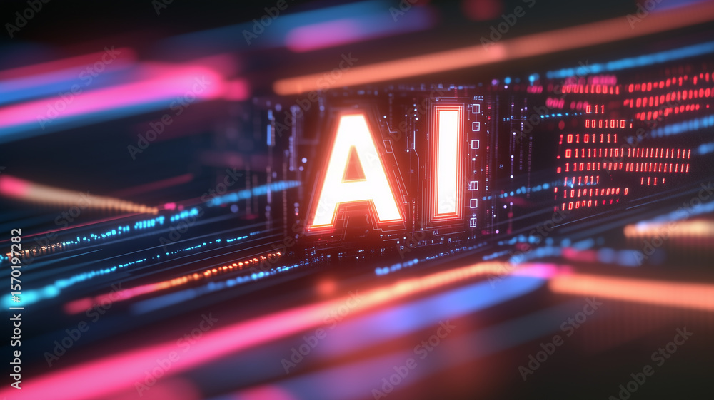Poster a high speed artificial intelligence data stream concept featuring luminous pink ai typography racin