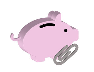 Simple 3D illustration of a piggy bank icon with a paper clip. Transparent background, PNG format.