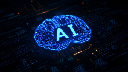 A digital brain artificial intelligence concept rendered as a neon circuitry silhouette glowing above a streaming data matrix.

