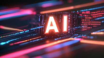 A high speed artificial intelligence data stream concept featuring luminous pink AI typography racing through futuristic code lines.
