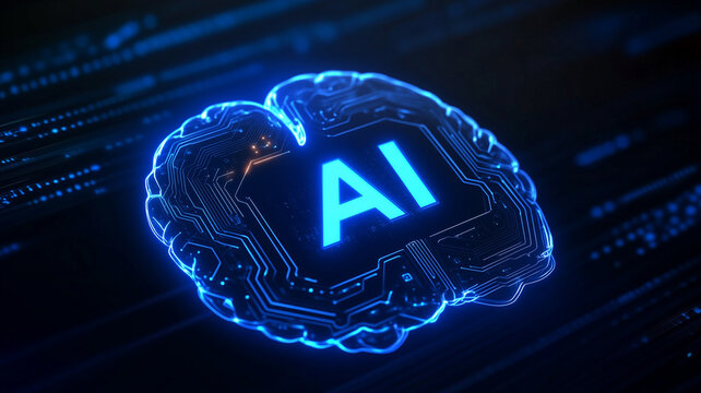 A digital brain artificial intelligence concept rendered as a neon circuitry silhouette glowing above a streaming data matrix.
