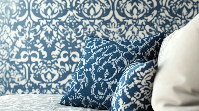 Elegant blue and white patterned pillows rest on a bed, complementin