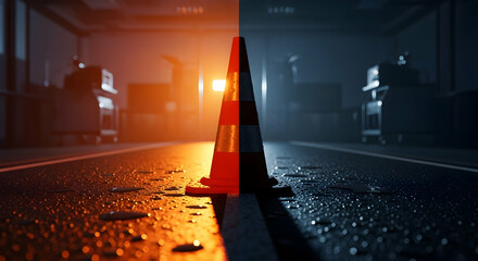Dichotomy Of Safety Cone Displaying Different Lighting Conditions On Wet Asphalt