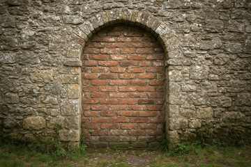 Bricked-up arched doorway in a stone wall