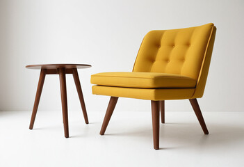 Mid-Century Modern Mustard Yellow Chair with Wooden Side Table

