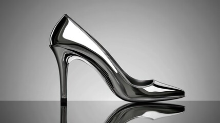 Sleek, metallic high-heeled shoe.  A polished, chrome-like pump with a pointed toe and a high stiletto heel sits on a reflective surface