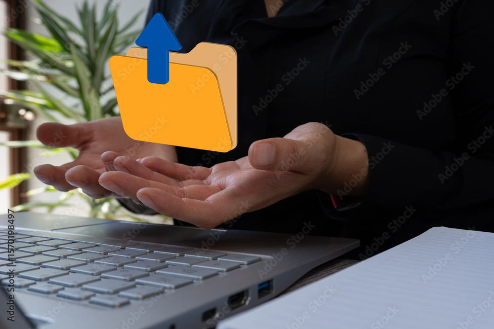 Poster close-up of a businesswoman's hands holding a folder icon with an ascending arrow, sitting at a desk