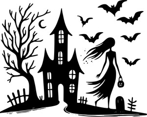 Scary haunted house line art for Halloween design and printable decor