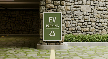 Fototapeta premium Electric Vehicle Parking Space Designated Area With Renewable Symbol Guidepost